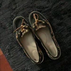 Sperry navy and leopard print top siders